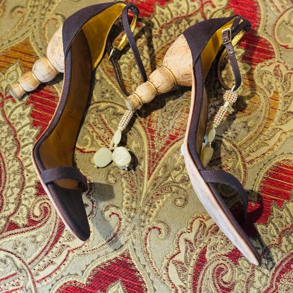 Ferragamo Brown T‑Strap Heels with Ivory, Tassel Charms & stylish cork heel.